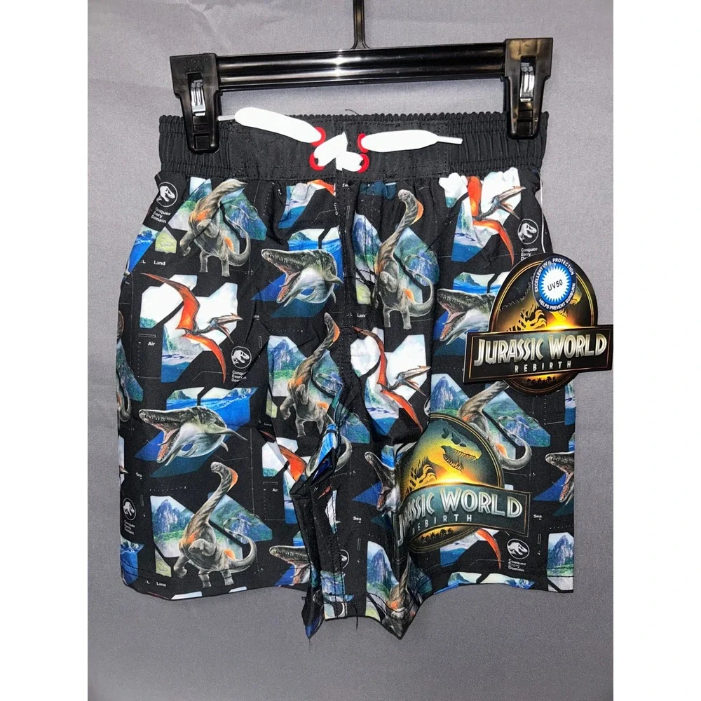 Jurassic World Rebirth Boys‎ Swim Trunks Black Dinosaur UV50 Board Shorts Sz 6/7